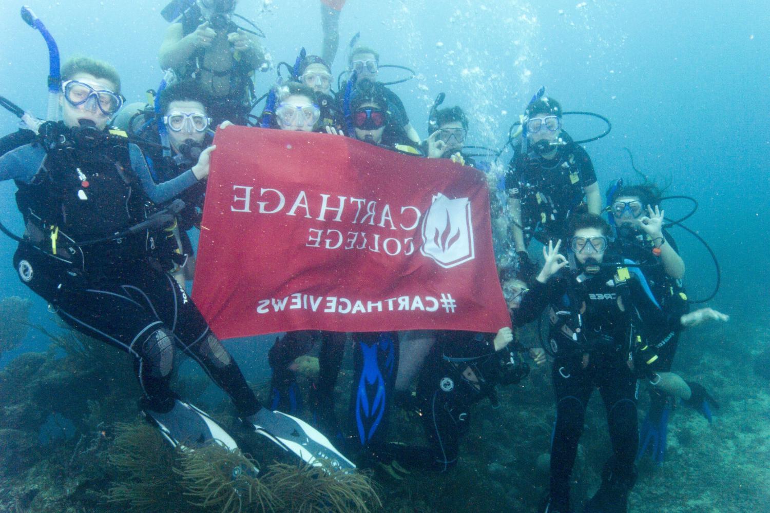 学生们手持<a href='http://b54l.f5bh.com'>全球十大赌钱排行app</a>旗帜，在j学期洪都拉斯游学之旅中潜水.